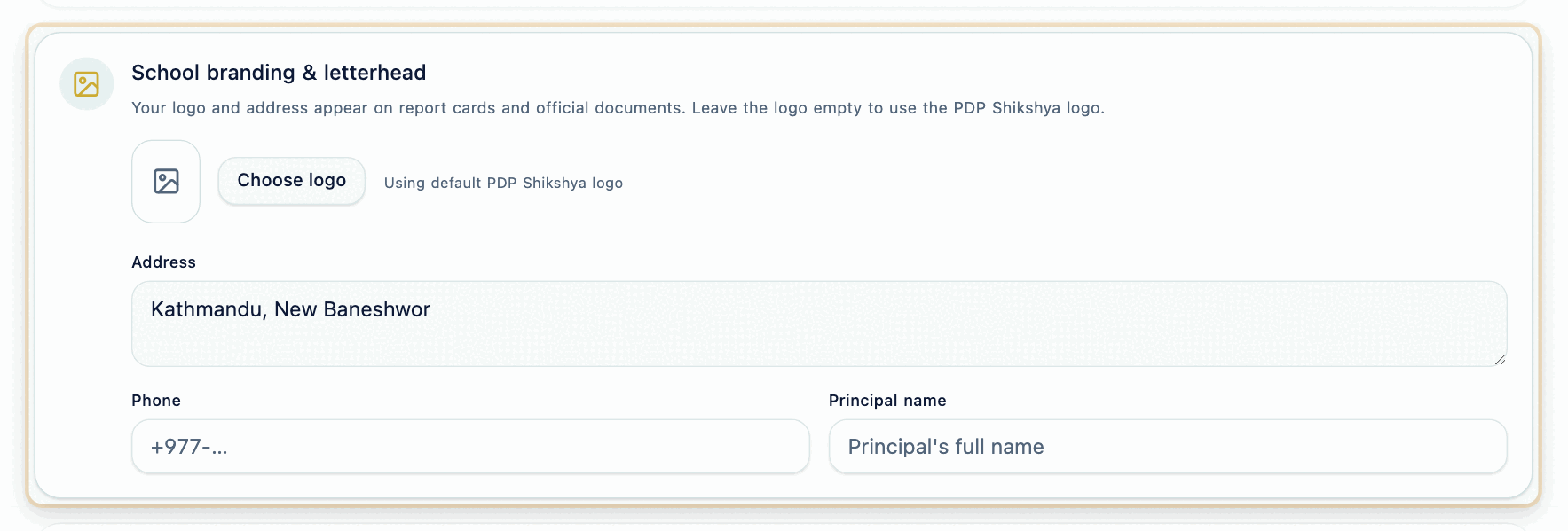 The School branding and letterhead card in admin Settings, with a Choose logo button reading "Using default PDP Shikshya logo" and Address, Phone and Principal name fields.