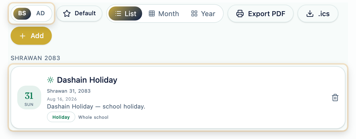 The calendar toolbar with the BS / AD toggle and an event dated in both systems