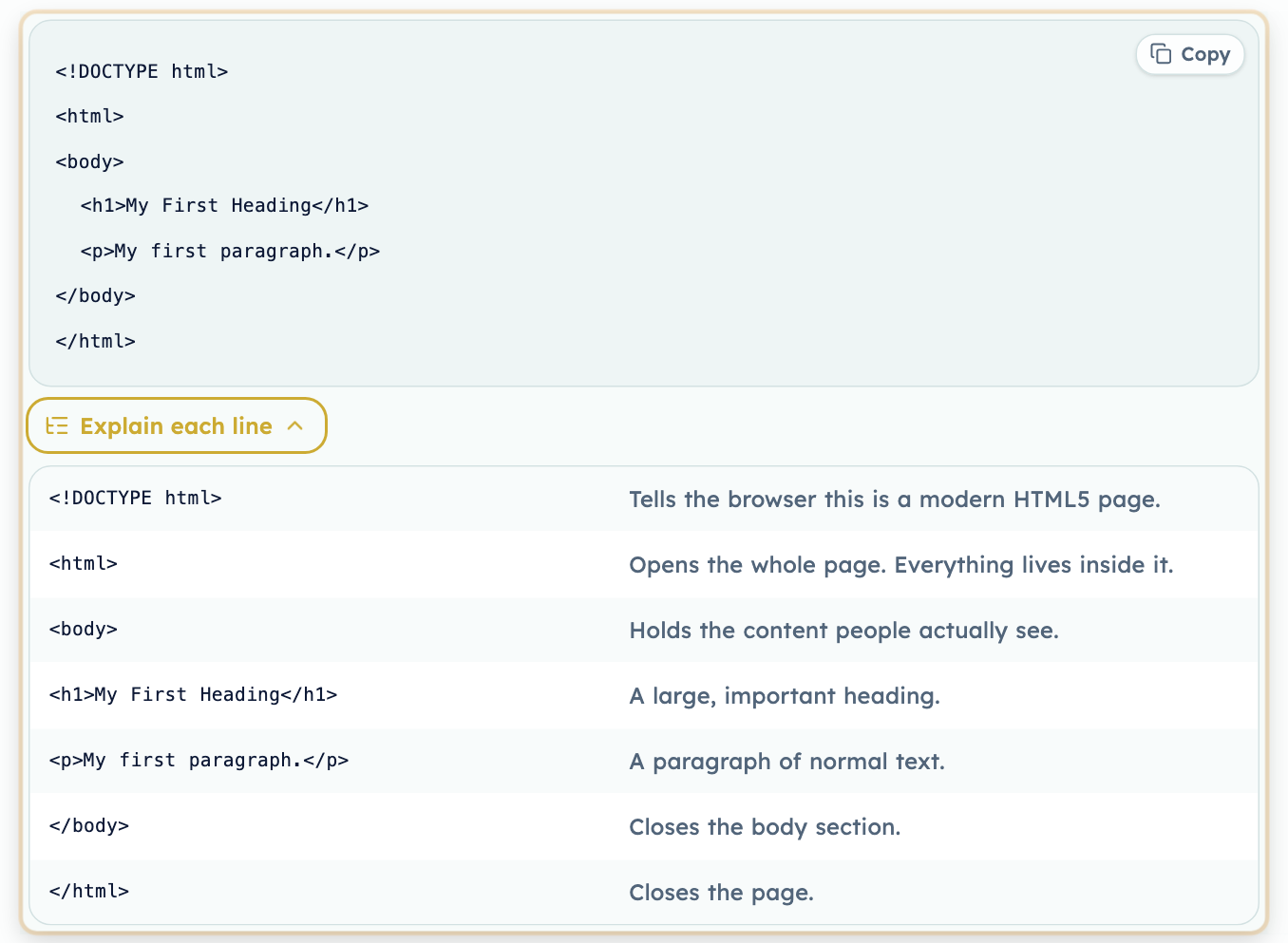 A code example in an HTML lesson with the “Explain each line” panel opened below it