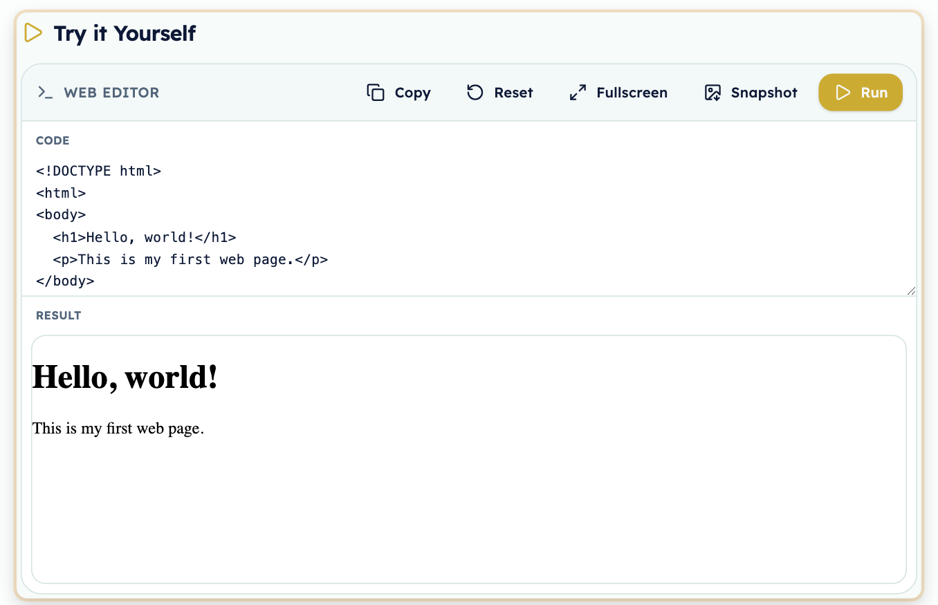 The “Try it Yourself” web editor showing lesson code above its live result