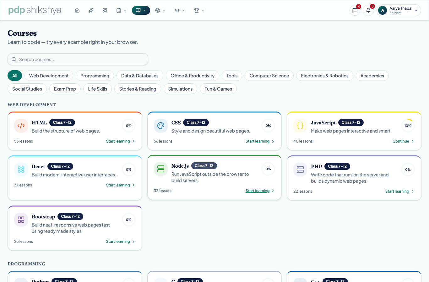The Interactive Courses catalogue with search and category filters