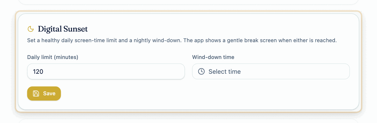 The Digital Sunset card with a Daily limit in minutes field, a Wind-down time picker and a Save button.