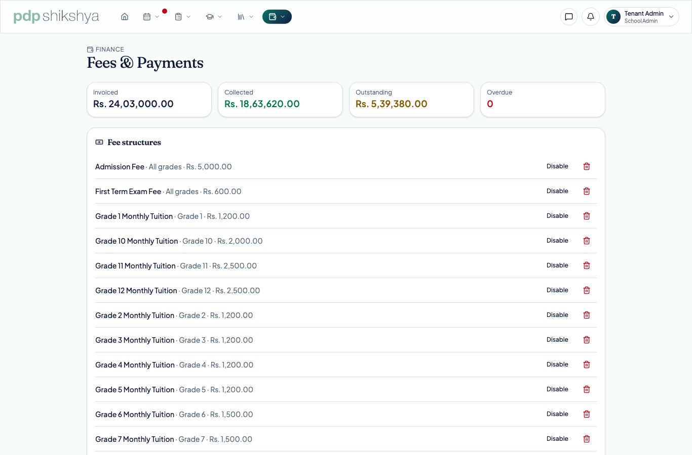 The admin fees screen with structures, invoices and dues