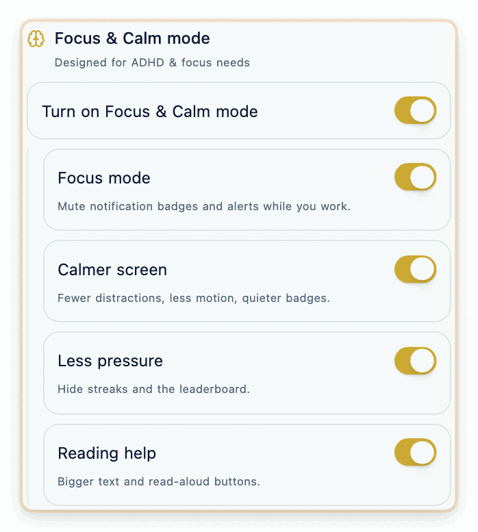 The Focus & Calm mode block in the Customize panel: a master switch above Focus mode, Calmer screen, Less pressure and Reading help toggles.