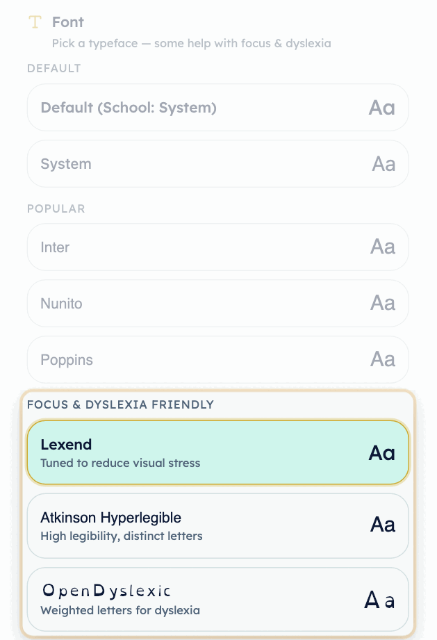 The font picker in the Customize panel with the Focus & dyslexia friendly group ringed, listing Lexend, Atkinson Hyperlegible and OpenDyslexic.
