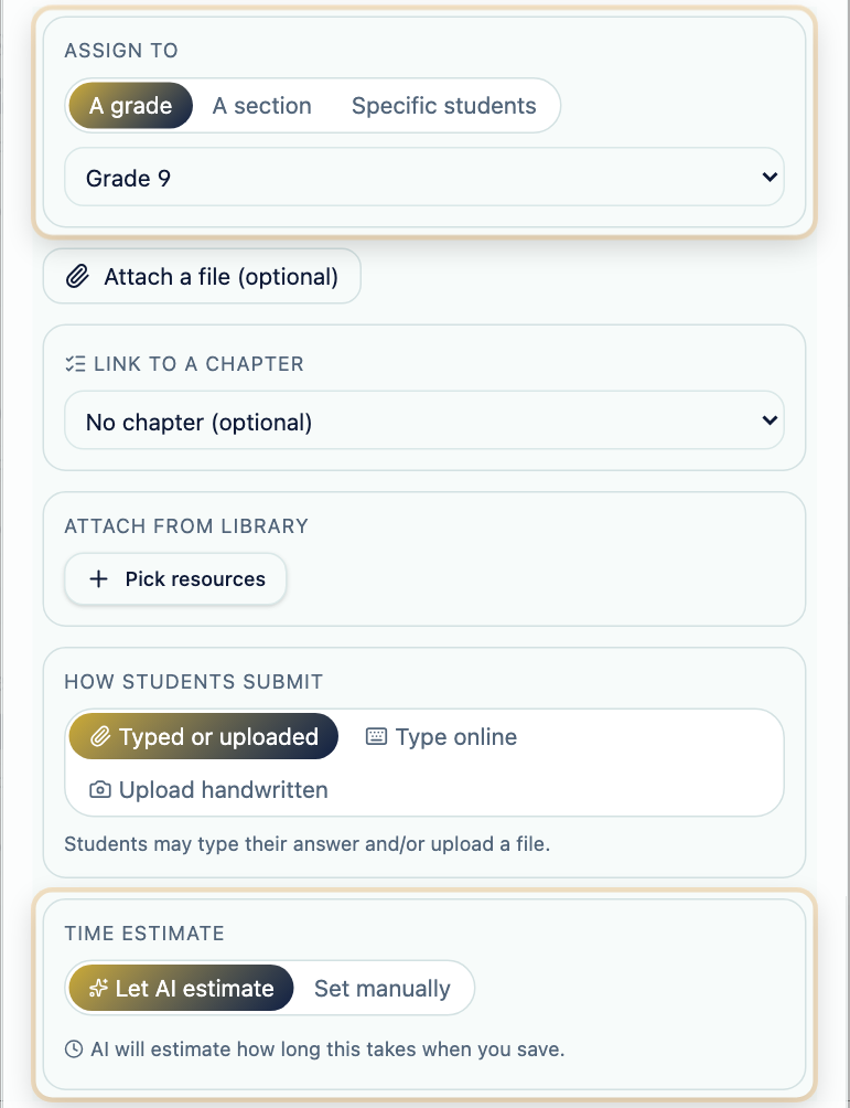 The New homework dialog with the Assign to block and the Time estimate block ringed.