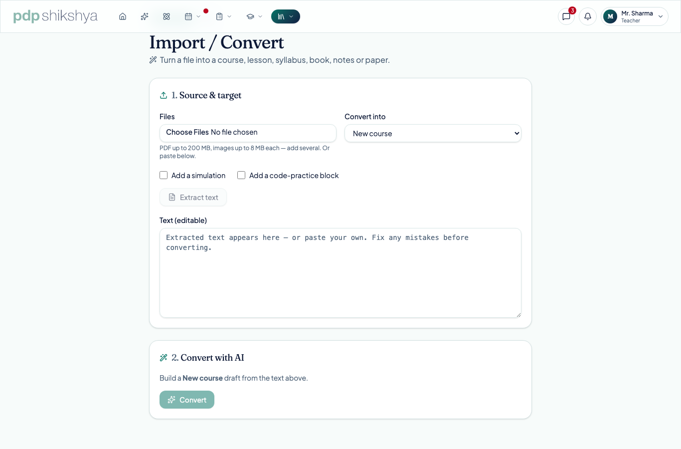 Uploading a file to convert it into platform content in Import & Convert