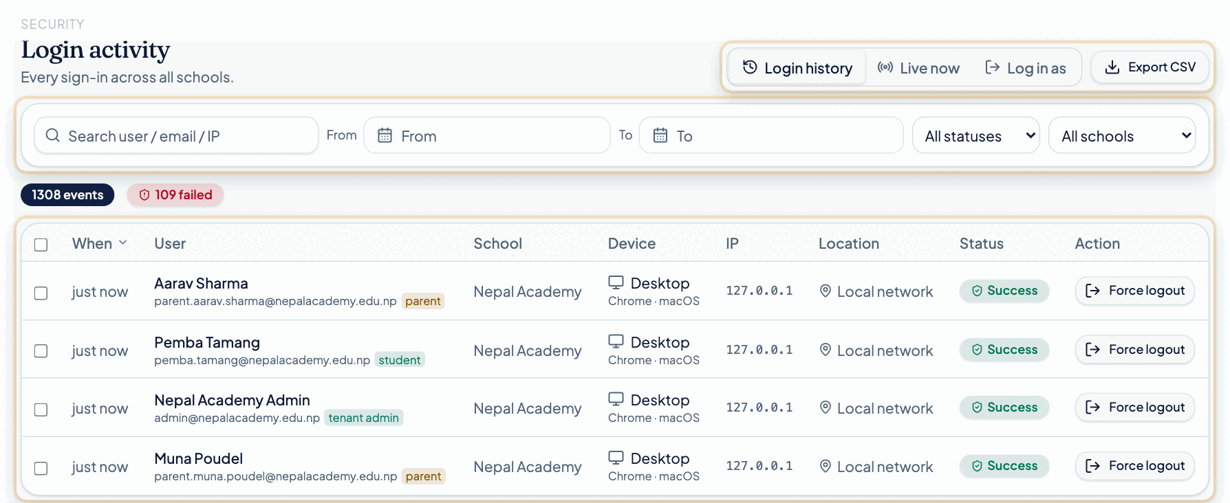 The Login activity log: an Export CSV button, search and date-range filters, and rows showing user, time, school, device, IP, location and status.