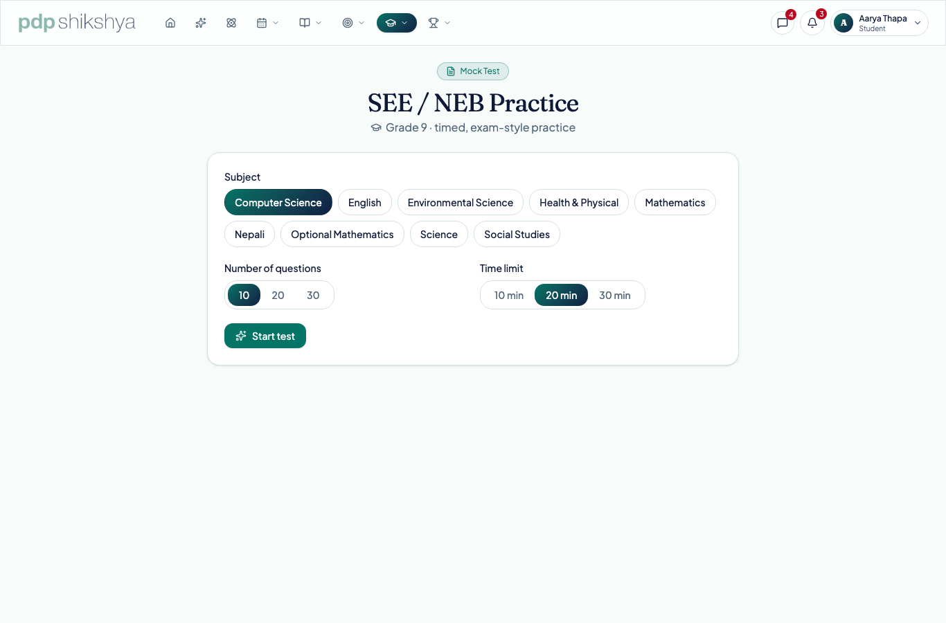 A timed, exam-style mock test in progress