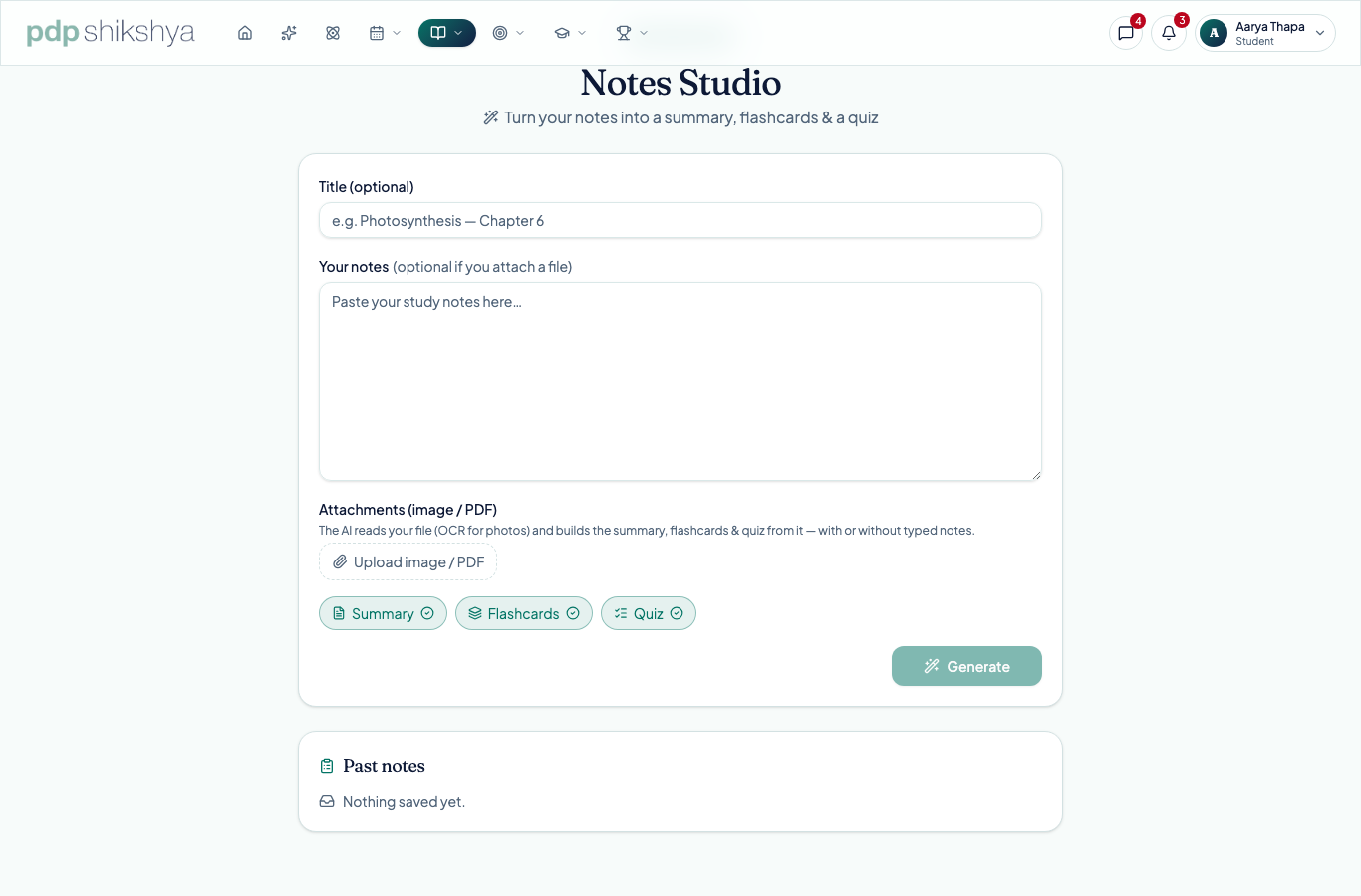 Notes Studio showing a generated summary, flashcards and quiz
