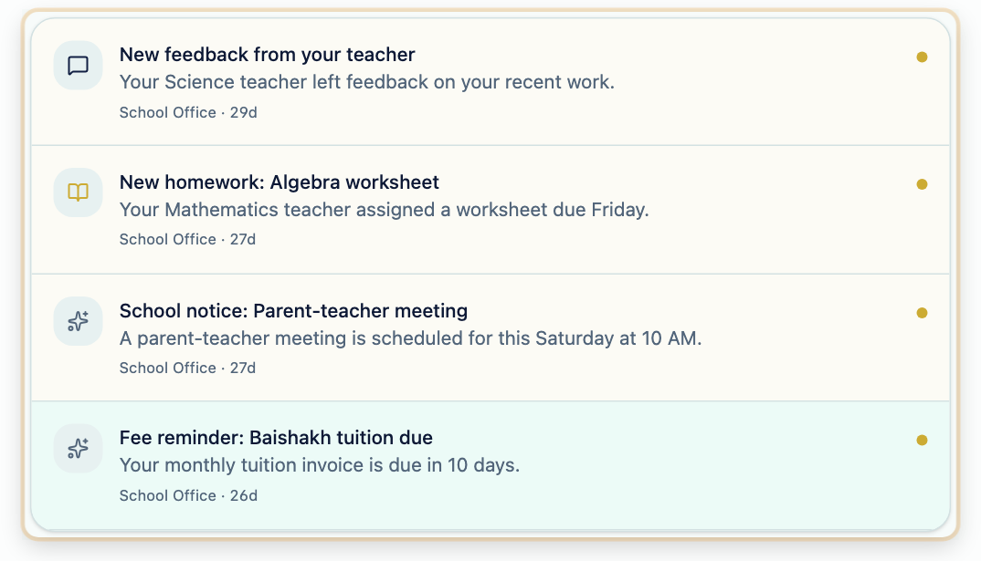 Four recent notifications in the activity centre
