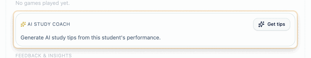 The AI study coach panel on a student's own page, with a Get tips button next to the heading.