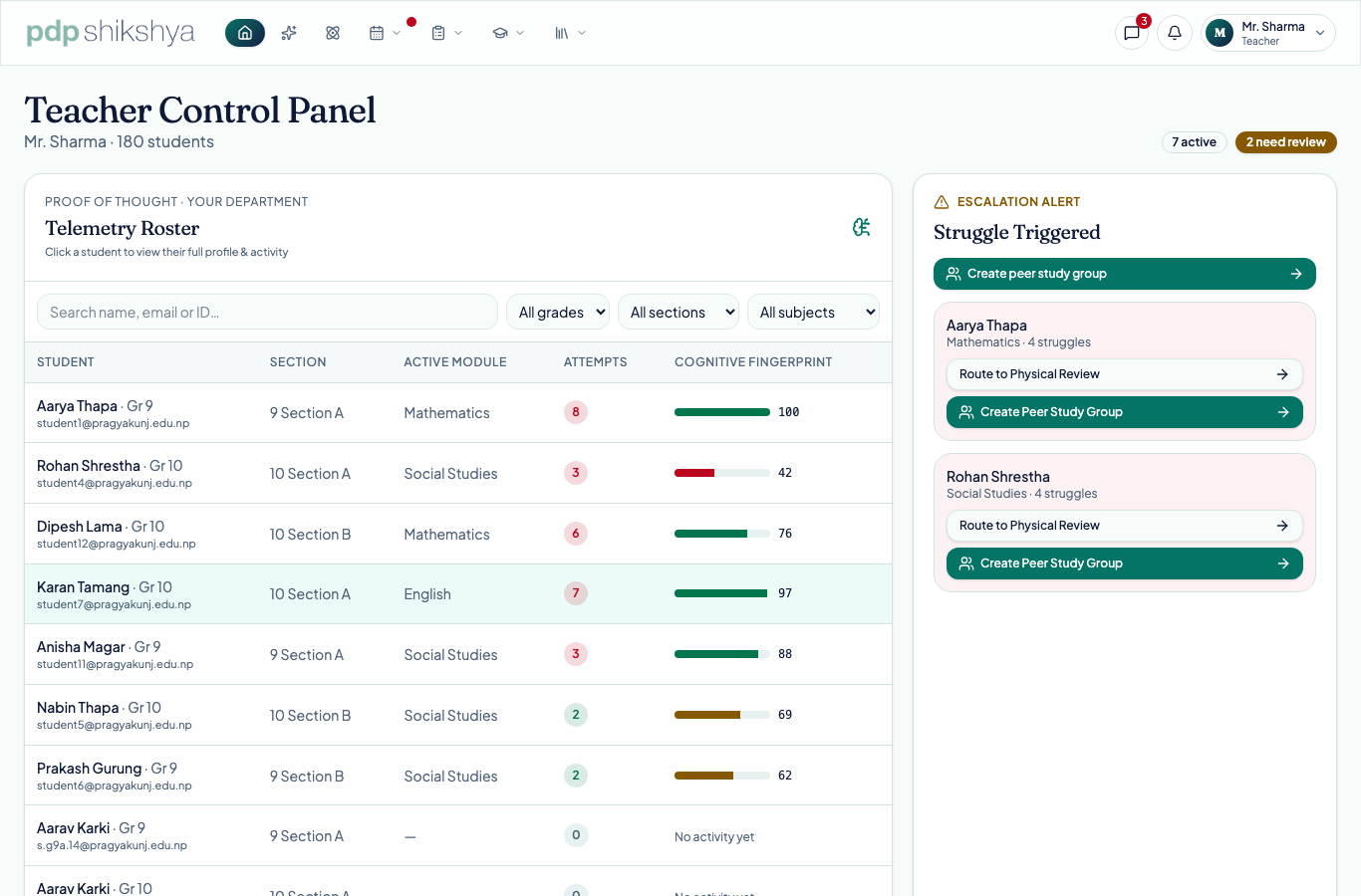 Teacher home dashboard