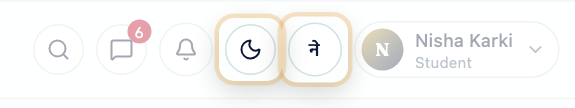 The theme and language buttons in the top bar