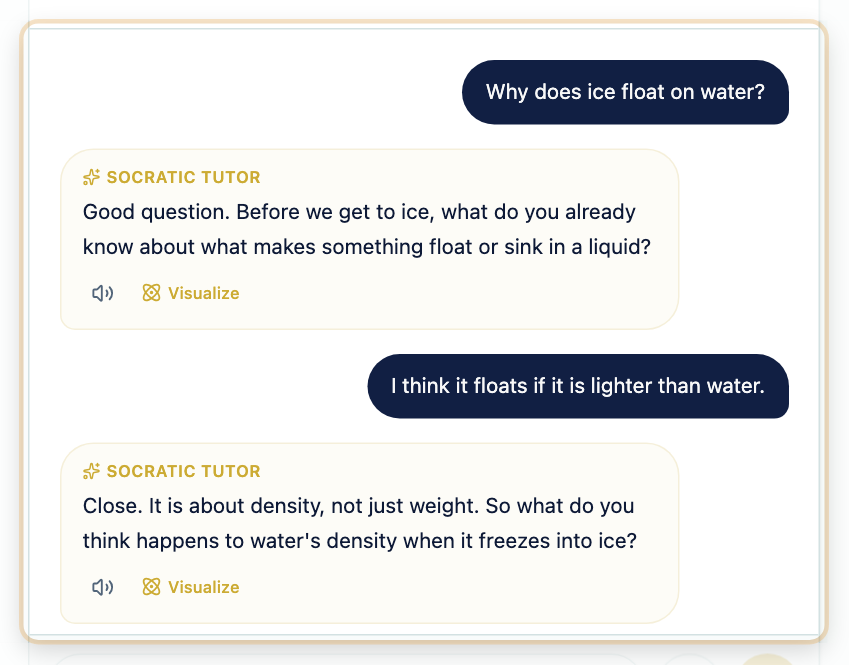 A Learn-mode conversation in which the tutor replies with a question