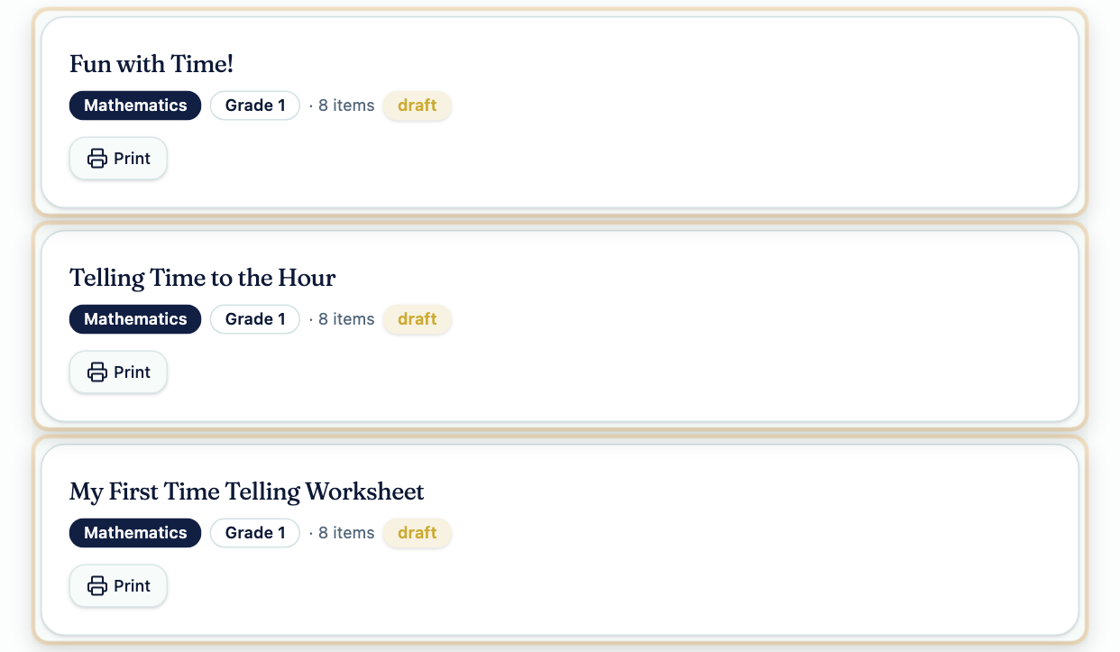 Three saved worksheets in the library, each showing its subject, grade, item count, draft status, and a Print button.