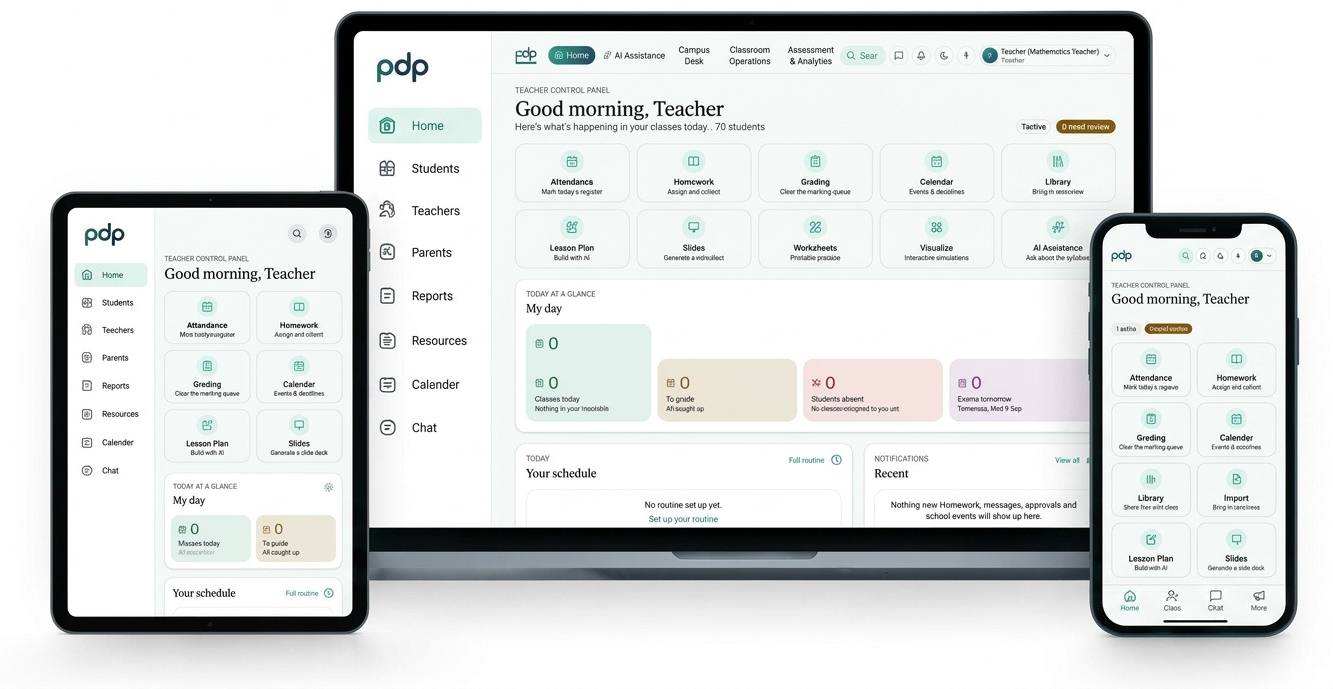 PDP Shikshya running on a tablet, a laptop and a phone — a student's home screen, a teacher's dashboard of today's classes and attendance, and the same platform in a pocket.